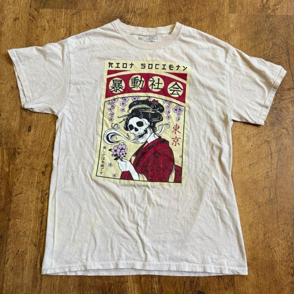 Riot Society‎ Mens T-Shirt Medium Cream Skull Geisha Japanese Graphic Tee